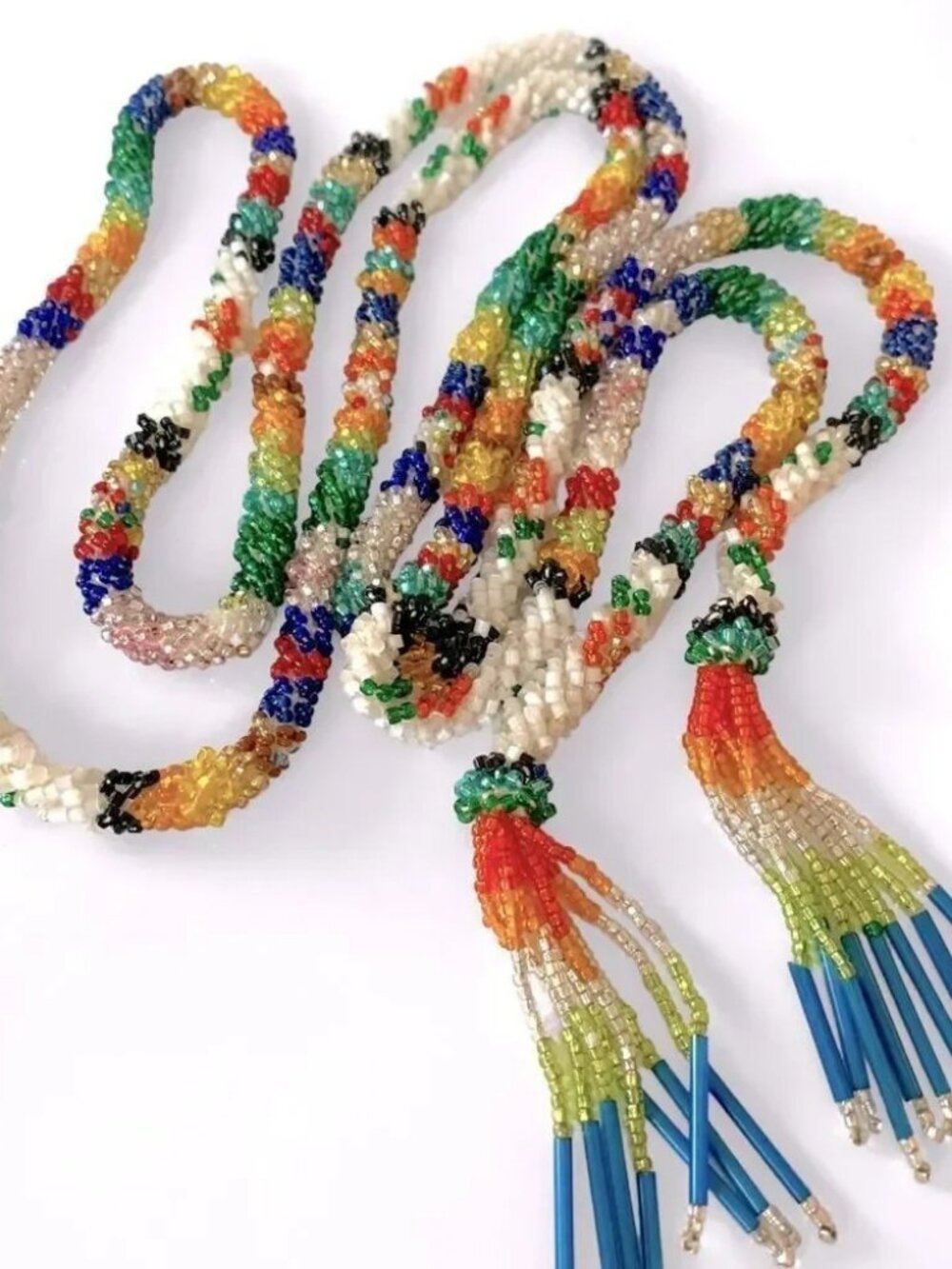 Vintage Multicolor Rainbow Pride Colors Beaded Rope Lariat Approx. 60" Long